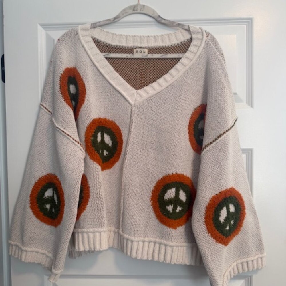 POL Peace Sign V-Neck Oversized Sweater - Size Medium